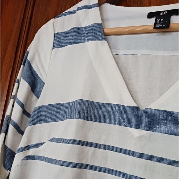 H&M Cotton Striped Beach Dress V Neck Ivory and Blue - Picture 7 of 9